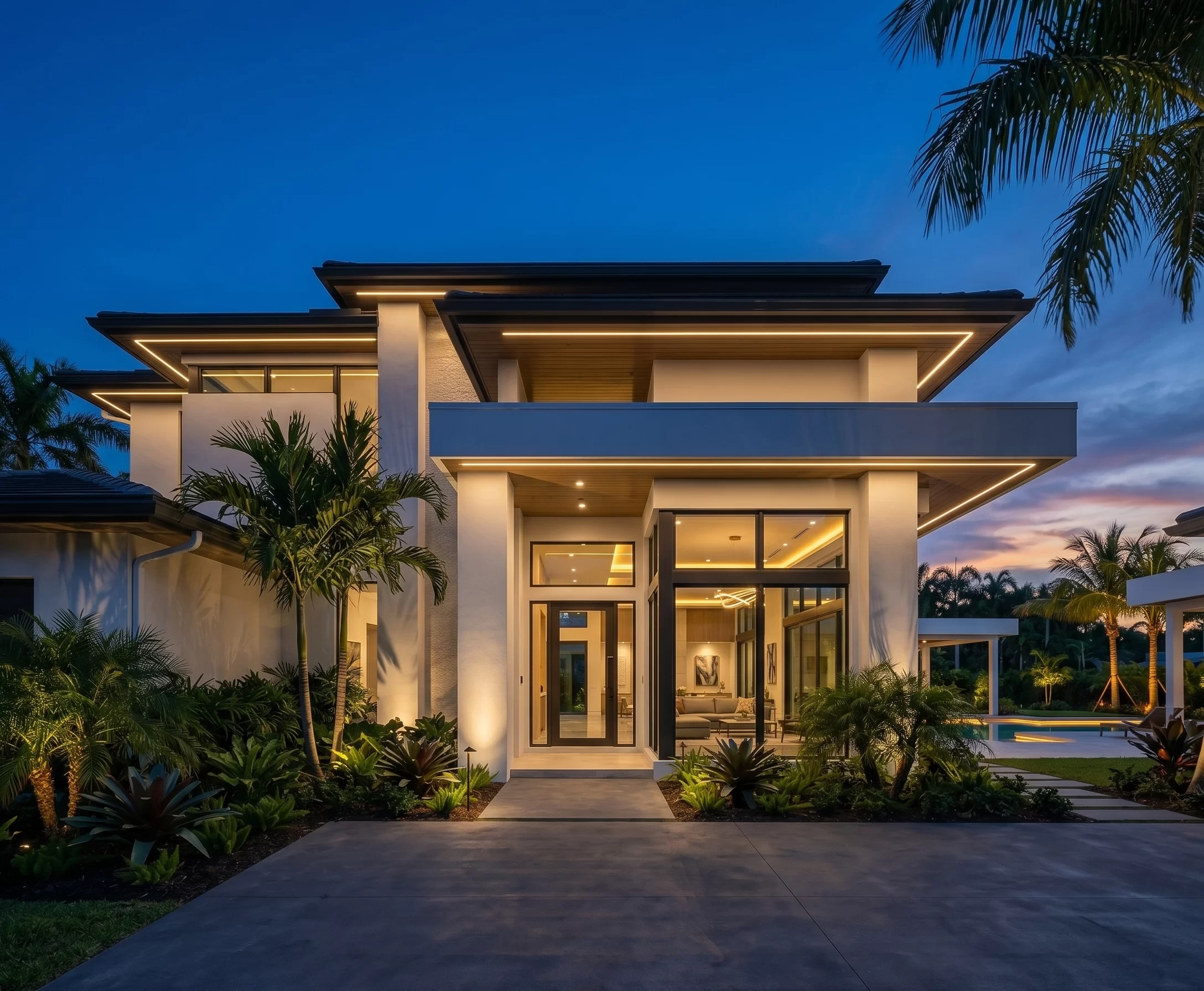 Luxury South Florida home exterior with architectural lighting at dusk
